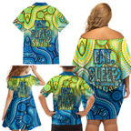 Australia National Swimming Team Family Matching Off Shoulder Short Dress and Hawaiian Shirt Aboriginal Dot Art Ocean Wave Pattern