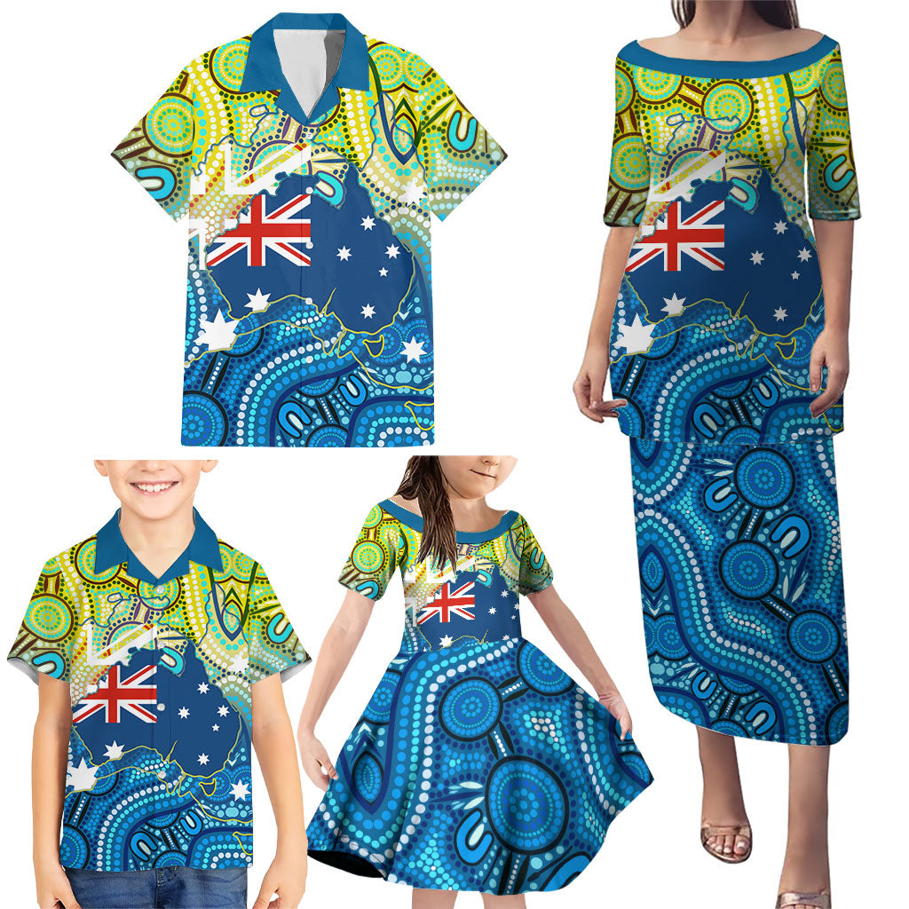 Australia National Swimming Team Family Matching Puletasi and Hawaiian Shirt Aboriginal Dot Art Ocean Wave Pattern