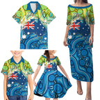 Australia National Swimming Team Family Matching Puletasi and Hawaiian Shirt Aboriginal Dot Art Ocean Wave Pattern