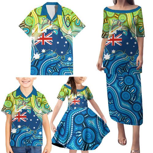 Australia National Swimming Team Family Matching Puletasi and Hawaiian Shirt Aboriginal Dot Art Ocean Wave Pattern