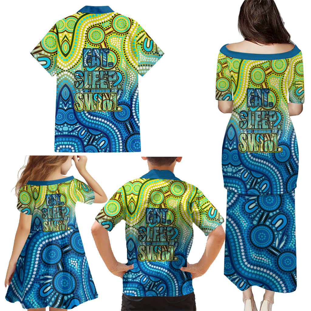 Australia National Swimming Team Family Matching Puletasi and Hawaiian Shirt Aboriginal Dot Art Ocean Wave Pattern