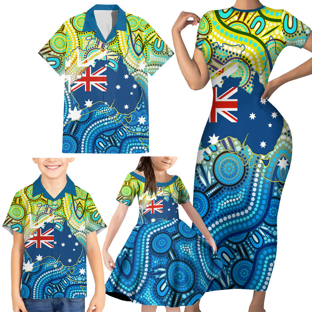 Australia National Swimming Team Family Matching Short Sleeve Bodycon Dress and Hawaiian Shirt Aboriginal Dot Art Ocean Wave Pattern