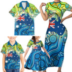 Australia National Swimming Team Family Matching Short Sleeve Bodycon Dress and Hawaiian Shirt Aboriginal Dot Art Ocean Wave Pattern