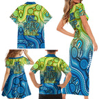 Australia National Swimming Team Family Matching Short Sleeve Bodycon Dress and Hawaiian Shirt Aboriginal Dot Art Ocean Wave Pattern