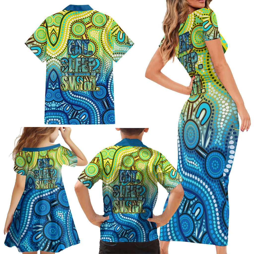 Australia National Swimming Team Family Matching Short Sleeve Bodycon Dress and Hawaiian Shirt Aboriginal Dot Art Ocean Wave Pattern