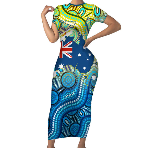 Australia National Swimming Team Family Matching Short Sleeve Bodycon Dress and Hawaiian Shirt Aboriginal Dot Art Ocean Wave Pattern