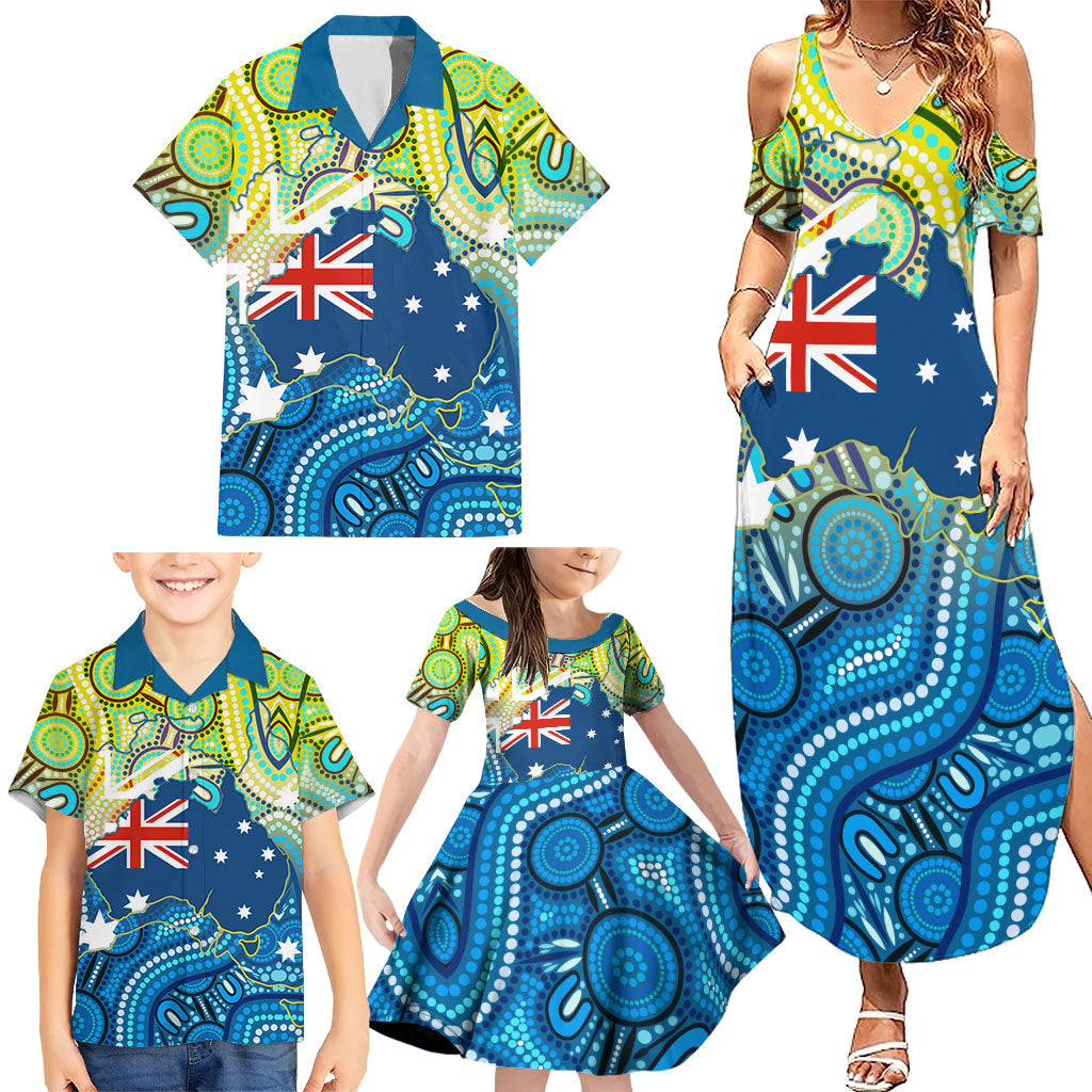 Australia National Swimming Team Family Matching Summer Maxi Dress and Hawaiian Shirt Aboriginal Dot Art Ocean Wave Pattern