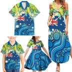 Australia National Swimming Team Family Matching Summer Maxi Dress and Hawaiian Shirt Aboriginal Dot Art Ocean Wave Pattern
