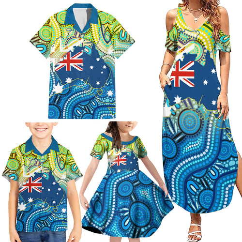 Australia National Swimming Team Family Matching Summer Maxi Dress and Hawaiian Shirt Aboriginal Dot Art Ocean Wave Pattern