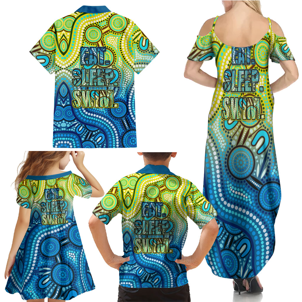 Australia National Swimming Team Family Matching Summer Maxi Dress and Hawaiian Shirt Aboriginal Dot Art Ocean Wave Pattern