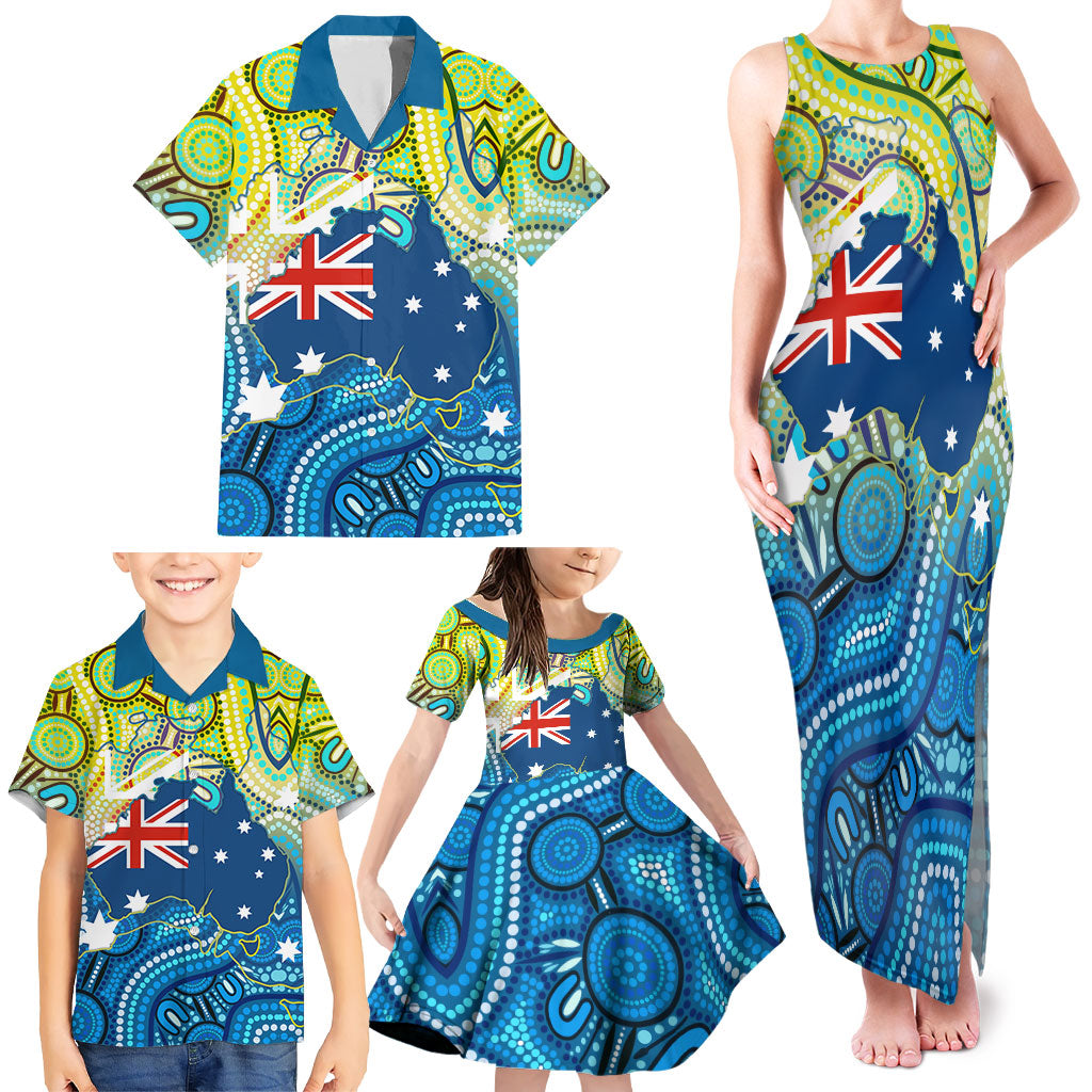 Australia National Swimming Team Family Matching Tank Maxi Dress and Hawaiian Shirt Aboriginal Dot Art Ocean Wave Pattern