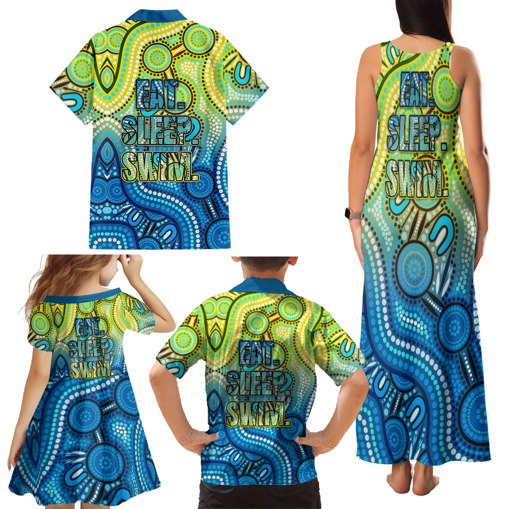 Australia National Swimming Team Family Matching Tank Maxi Dress and Hawaiian Shirt Aboriginal Dot Art Ocean Wave Pattern