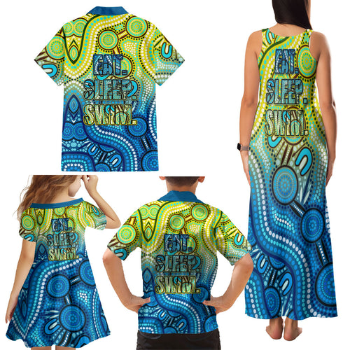 Australia National Swimming Team Family Matching Tank Maxi Dress and Hawaiian Shirt Aboriginal Dot Art Ocean Wave Pattern