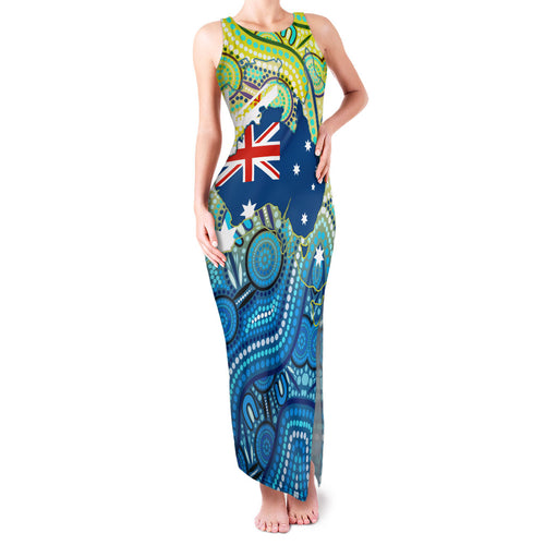 Australia National Swimming Team Family Matching Tank Maxi Dress and Hawaiian Shirt Aboriginal Dot Art Ocean Wave Pattern