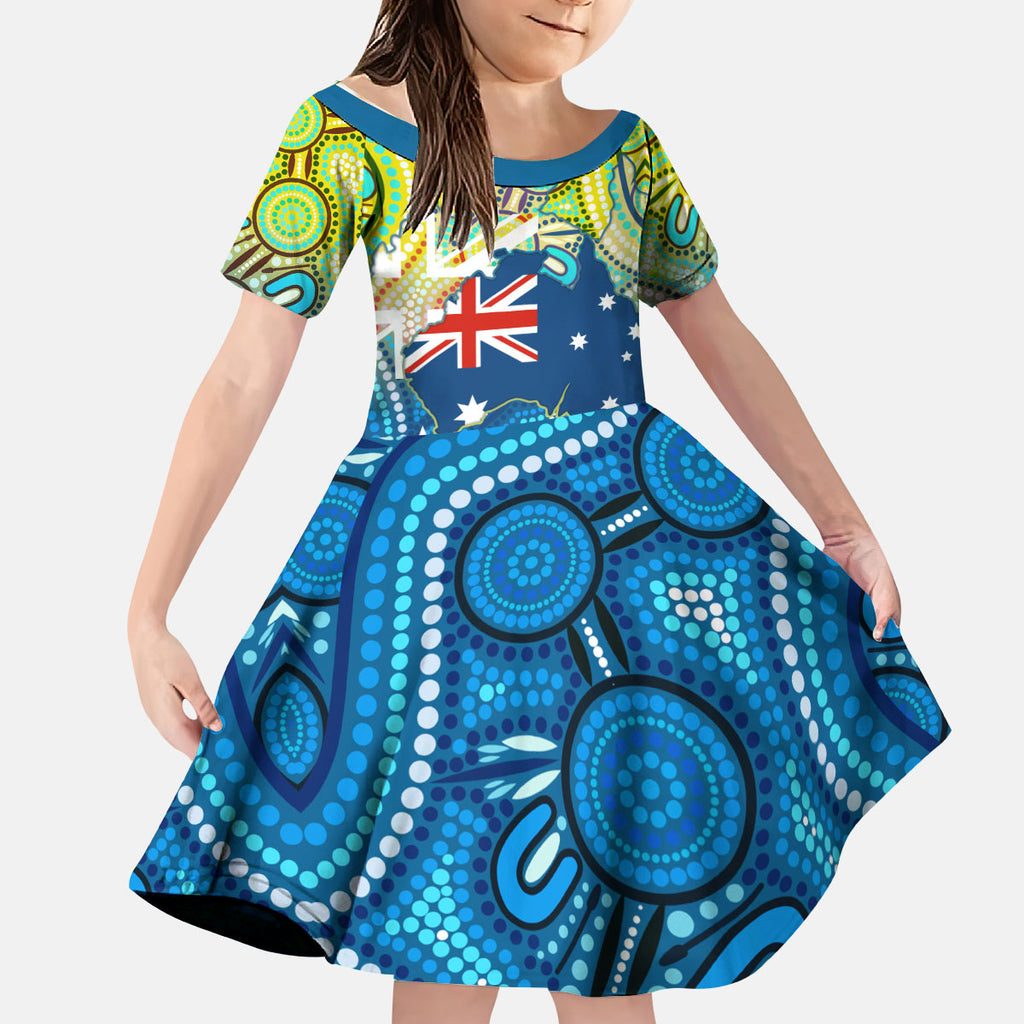 Australia National Swimming Team Kid Short Sleeve Dress Aboriginal Dot Art Ocean Wave Pattern