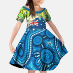 Australia National Swimming Team Kid Short Sleeve Dress Aboriginal Dot Art Ocean Wave Pattern