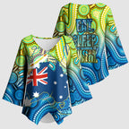 Australia National Swimming Team Kimono Sleeve Blouse Aboriginal Dot Art Ocean Wave Pattern