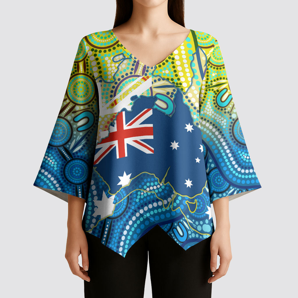 Australia National Swimming Team Kimono Sleeve Blouse Aboriginal Dot Art Ocean Wave Pattern
