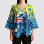 Australia National Swimming Team Kimono Sleeve Blouse Aboriginal Dot Art Ocean Wave Pattern