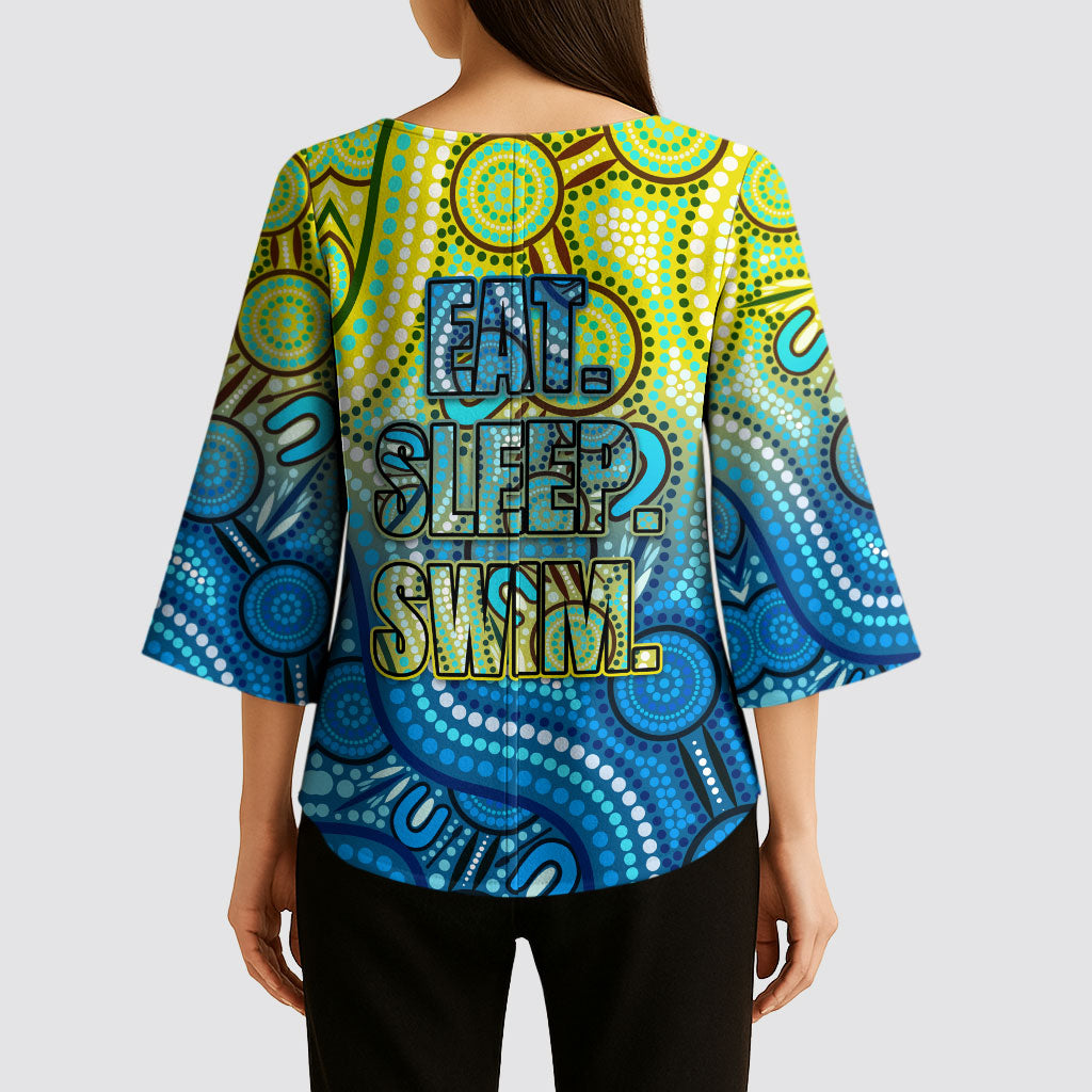 Australia National Swimming Team Kimono Sleeve Blouse Aboriginal Dot Art Ocean Wave Pattern
