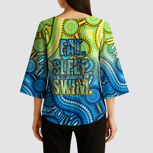 Australia National Swimming Team Kimono Sleeve Blouse Aboriginal Dot Art Ocean Wave Pattern