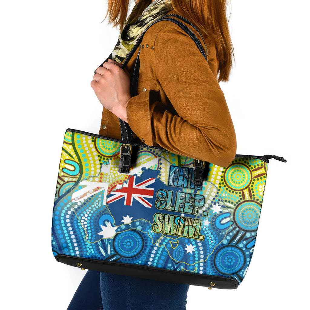 Australia National Swimming Team Leather Tote Bag Aboriginal Dot Art Ocean Wave Pattern