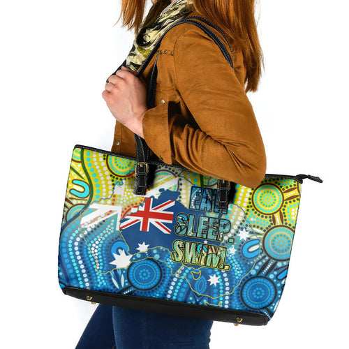 Australia National Swimming Team Leather Tote Bag Aboriginal Dot Art Ocean Wave Pattern
