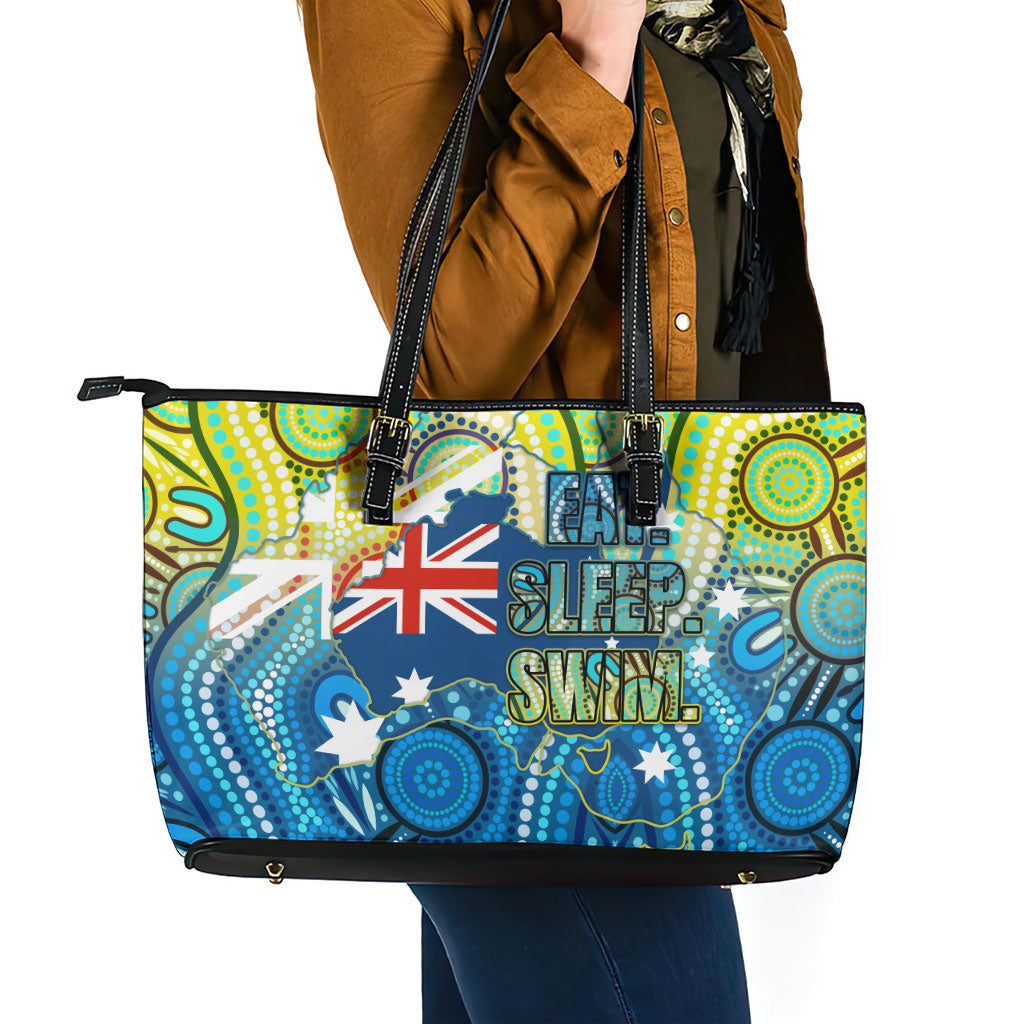 Australia National Swimming Team Leather Tote Bag Aboriginal Dot Art Ocean Wave Pattern