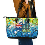 Australia National Swimming Team Leather Tote Bag Aboriginal Dot Art Ocean Wave Pattern