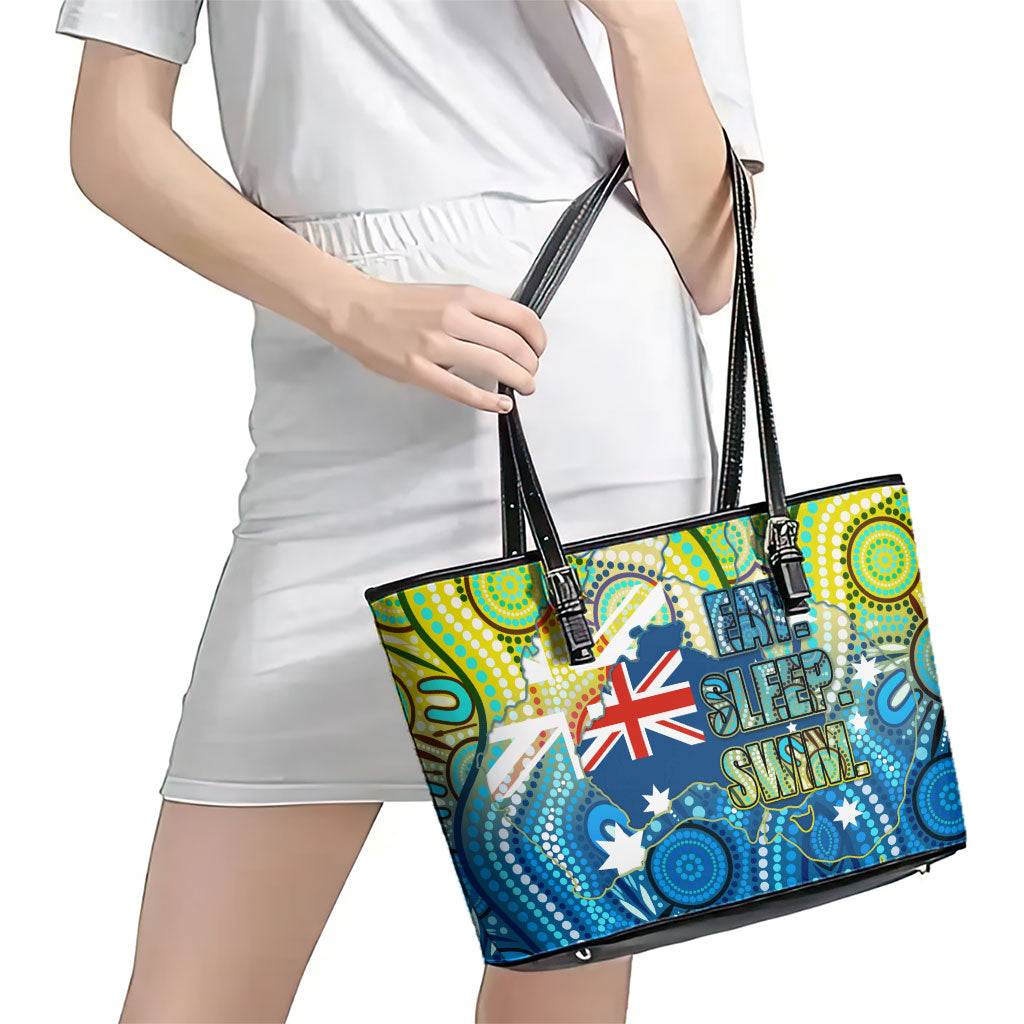 Australia National Swimming Team Leather Tote Bag Aboriginal Dot Art Ocean Wave Pattern