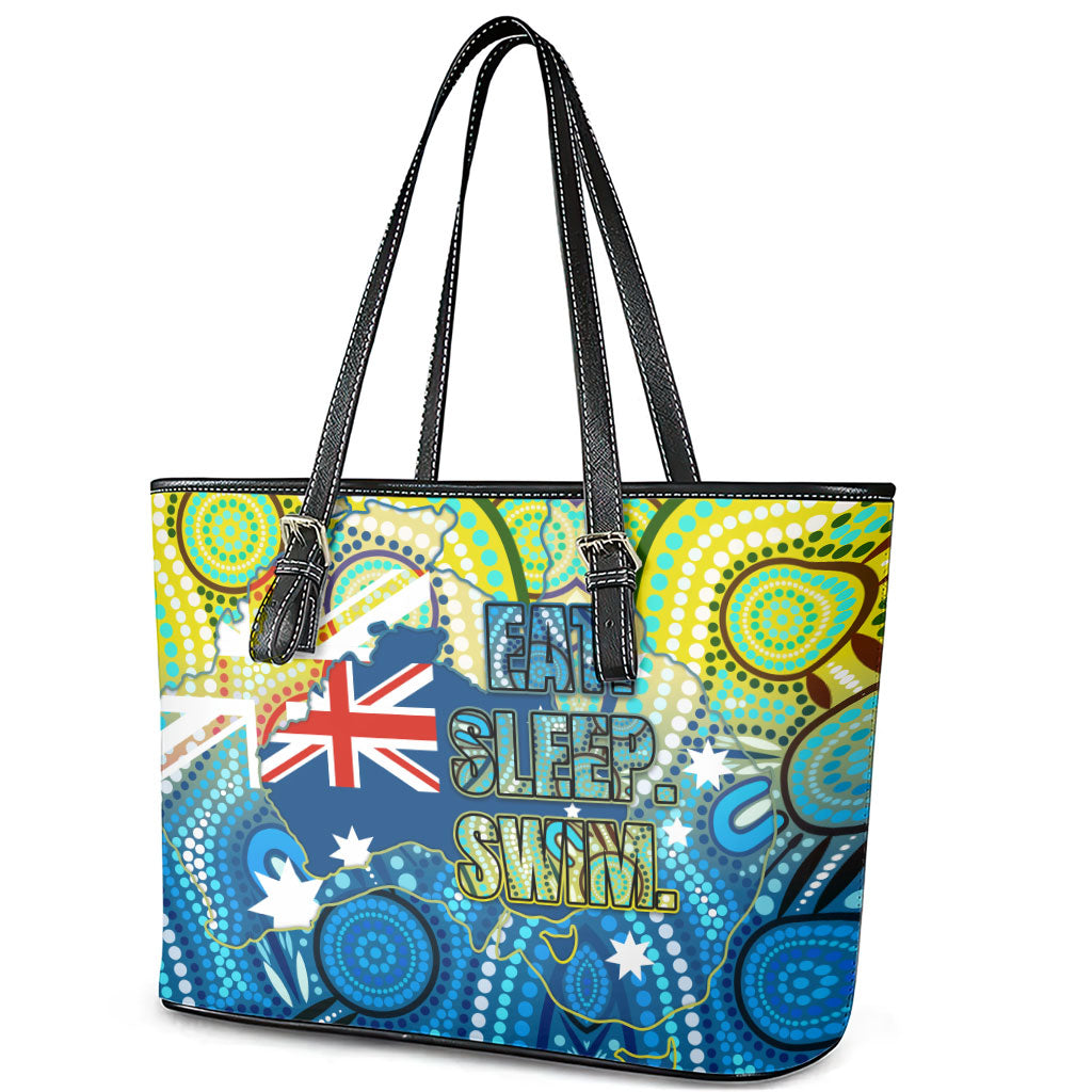Australia National Swimming Team Leather Tote Bag Aboriginal Dot Art Ocean Wave Pattern