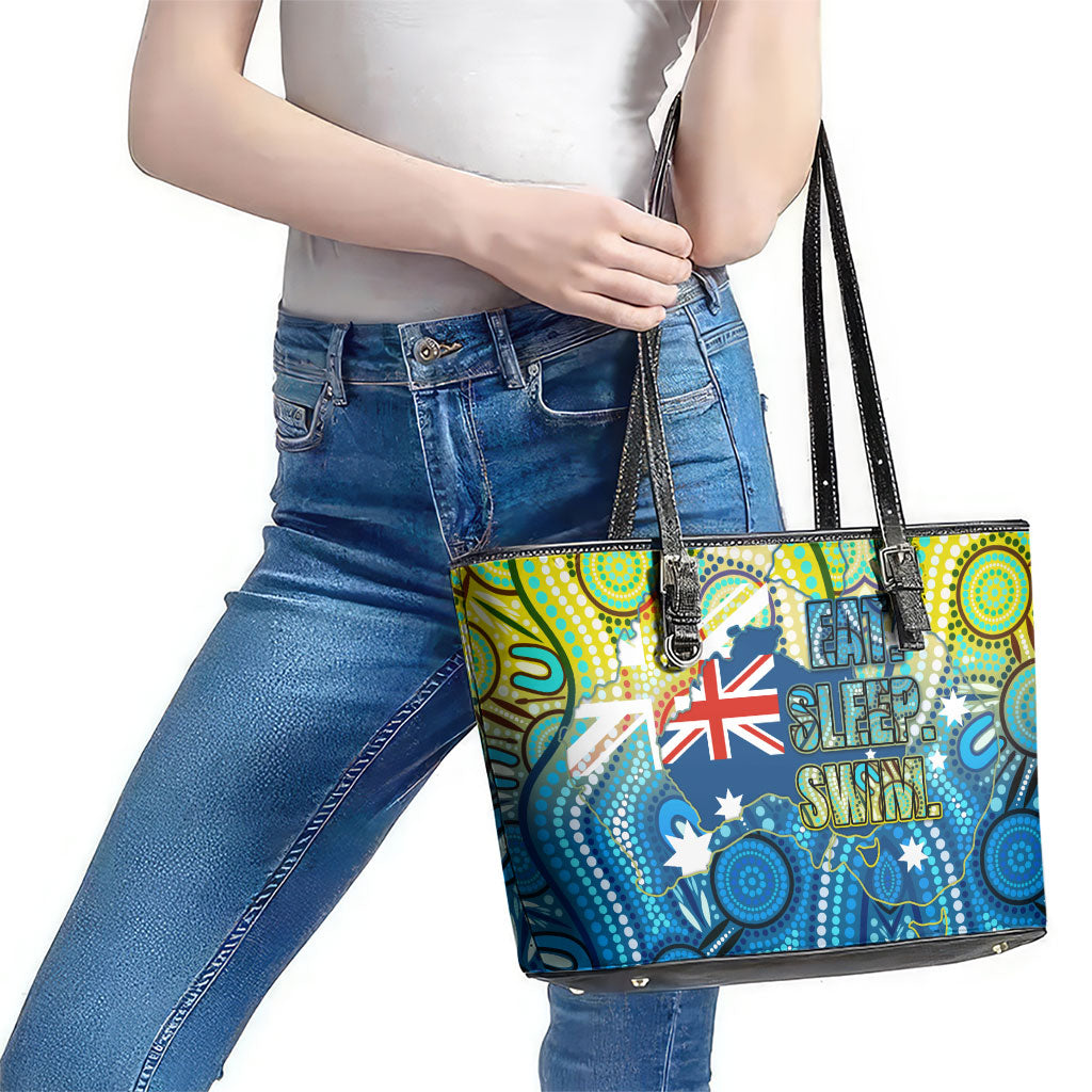 Australia National Swimming Team Leather Tote Bag Aboriginal Dot Art Ocean Wave Pattern