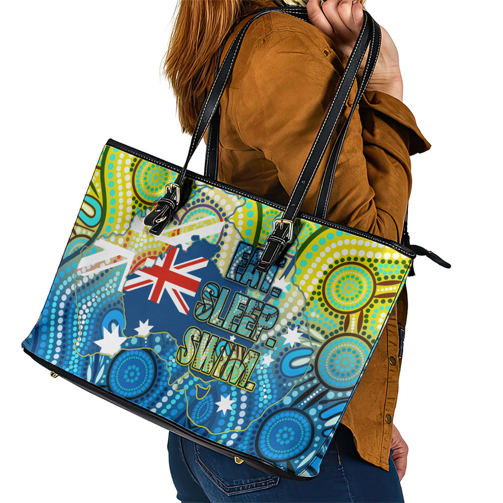 Australia National Swimming Team Leather Tote Bag Aboriginal Dot Art Ocean Wave Pattern