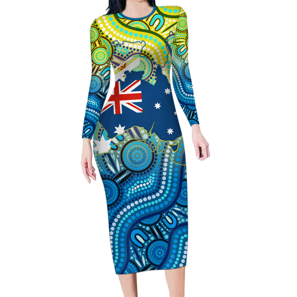 Australia National Swimming Team Long Sleeve Bodycon Dress Aboriginal Dot Art Ocean Wave Pattern
