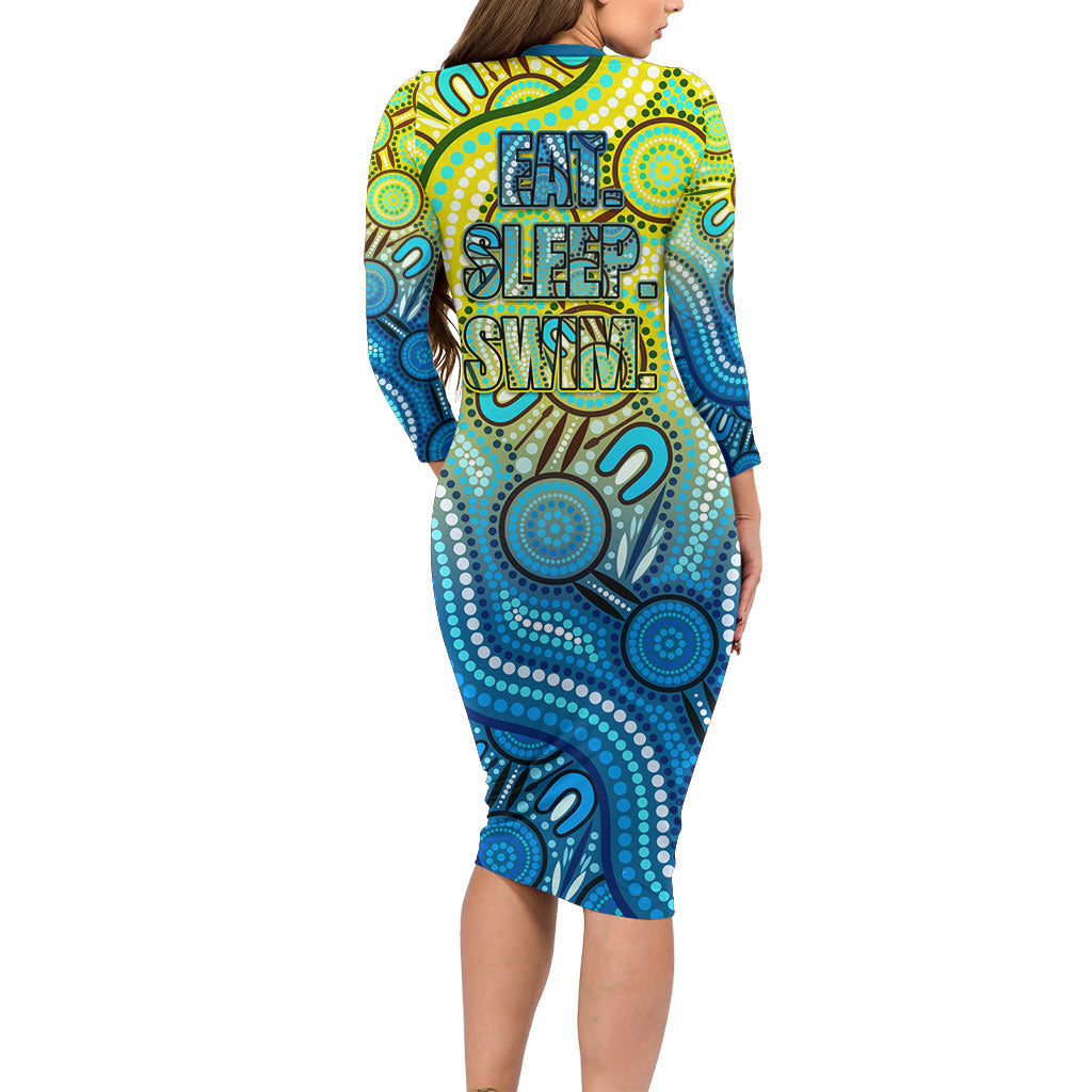 Australia National Swimming Team Long Sleeve Bodycon Dress Aboriginal Dot Art Ocean Wave Pattern