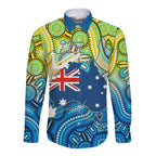 Australia National Swimming Team Long Sleeve Button Shirt Aboriginal Dot Art Ocean Wave Pattern
