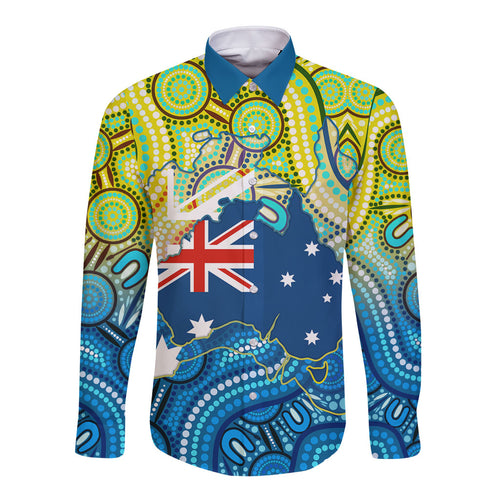 Australia National Swimming Team Long Sleeve Button Shirt Aboriginal Dot Art Ocean Wave Pattern