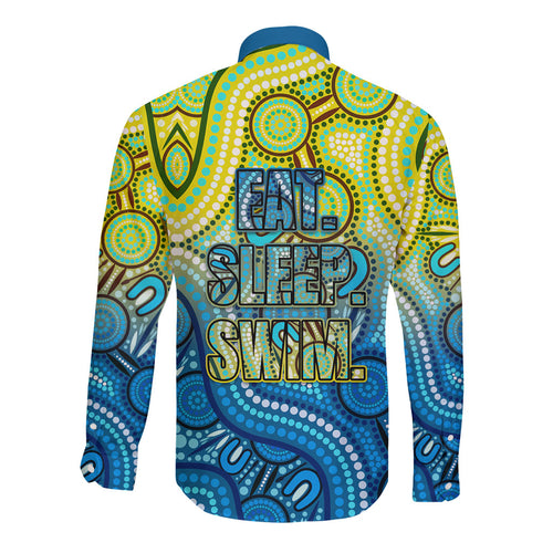 Australia National Swimming Team Long Sleeve Button Shirt Aboriginal Dot Art Ocean Wave Pattern