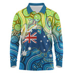 Australia National Swimming Team Long Sleeve Polo Shirt Aboriginal Dot Art Ocean Wave Pattern