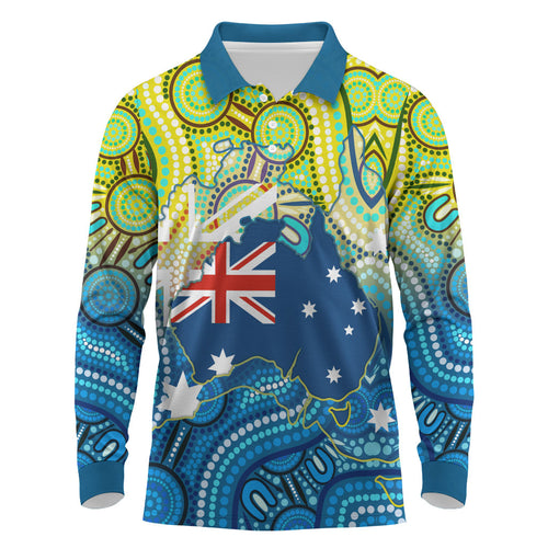 Australia National Swimming Team Long Sleeve Polo Shirt Aboriginal Dot Art Ocean Wave Pattern