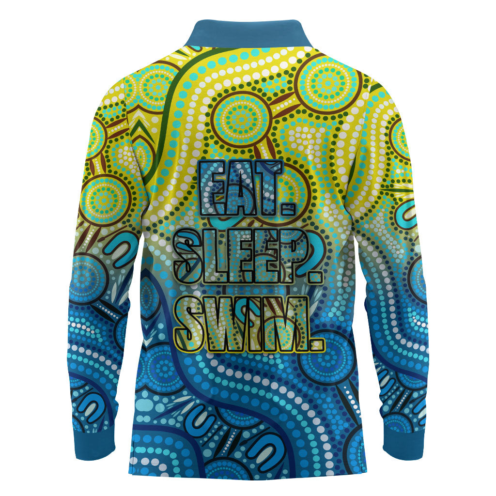 Australia National Swimming Team Long Sleeve Polo Shirt Aboriginal Dot Art Ocean Wave Pattern