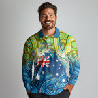 Australia National Swimming Team Long Sleeve Polo Shirt Aboriginal Dot Art Ocean Wave Pattern