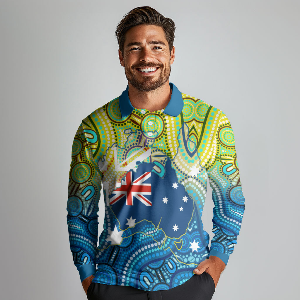 Australia National Swimming Team Long Sleeve Polo Shirt Aboriginal Dot Art Ocean Wave Pattern