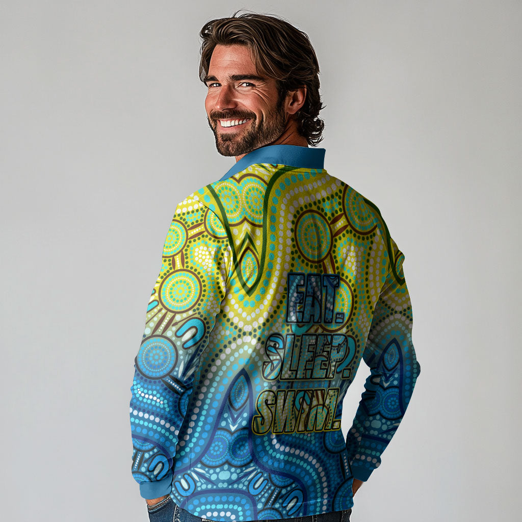 Australia National Swimming Team Long Sleeve Polo Shirt Aboriginal Dot Art Ocean Wave Pattern