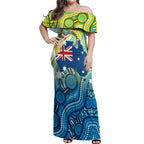 Australia National Swimming Team Off Shoulder Maxi Dress Aboriginal Dot Art Ocean Wave Pattern