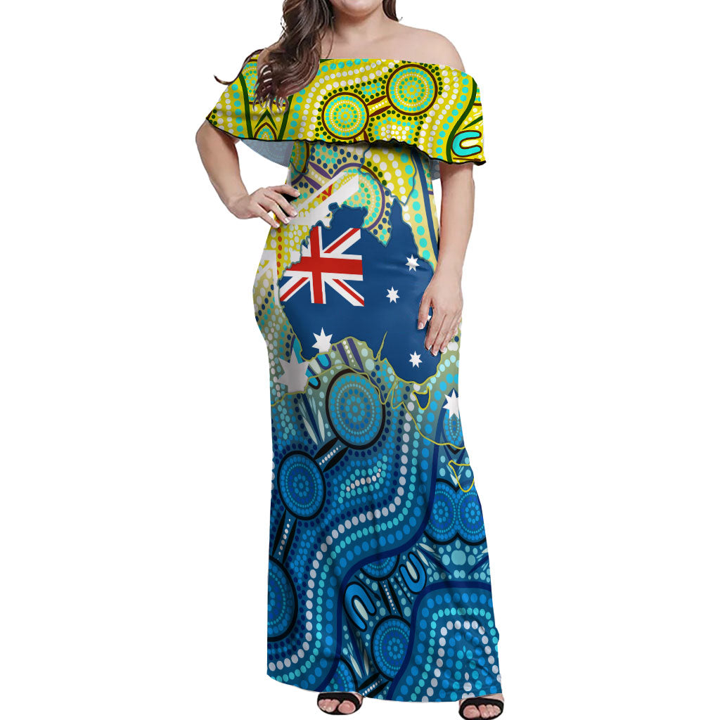 Australia National Swimming Team Off Shoulder Maxi Dress Aboriginal Dot Art Ocean Wave Pattern