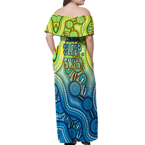 Australia National Swimming Team Off Shoulder Maxi Dress Aboriginal Dot Art Ocean Wave Pattern