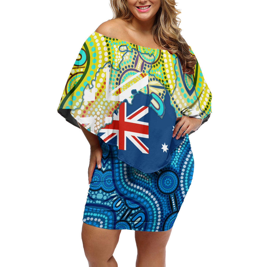 Australia National Swimming Team Off Shoulder Short Dress Aboriginal Dot Art Ocean Wave Pattern
