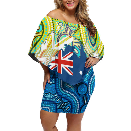 Australia National Swimming Team Off Shoulder Short Dress Aboriginal Dot Art Ocean Wave Pattern