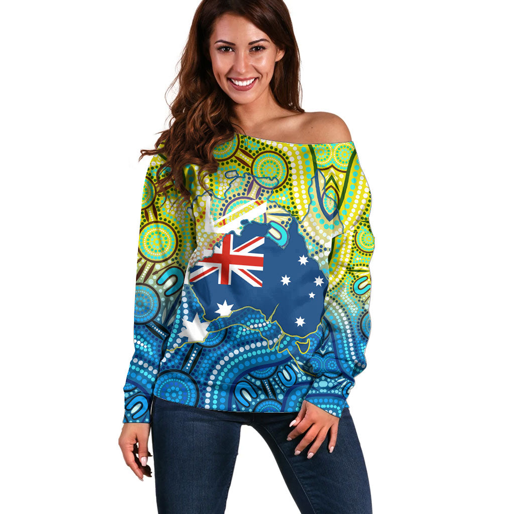 Australia National Swimming Team Off Shoulder Sweater Aboriginal Dot Art Ocean Wave Pattern